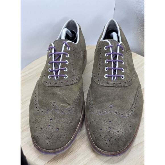 Johnston & Murphy Ellington Wingtip Oxford Shoes Mens 12 Suede Khaki/Purple - Picture 7 of 9